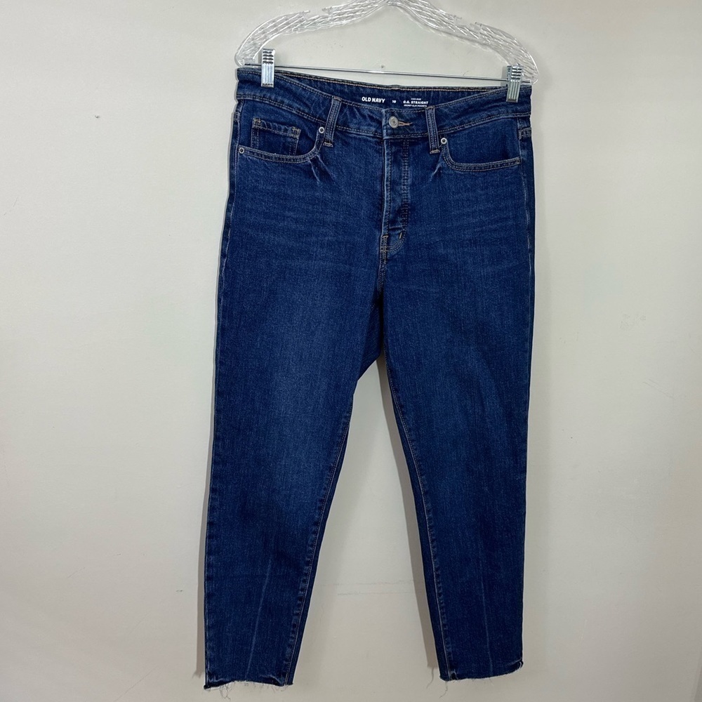 Old Navy sz 10 jeans straight leg with a raw hemline. Med navy